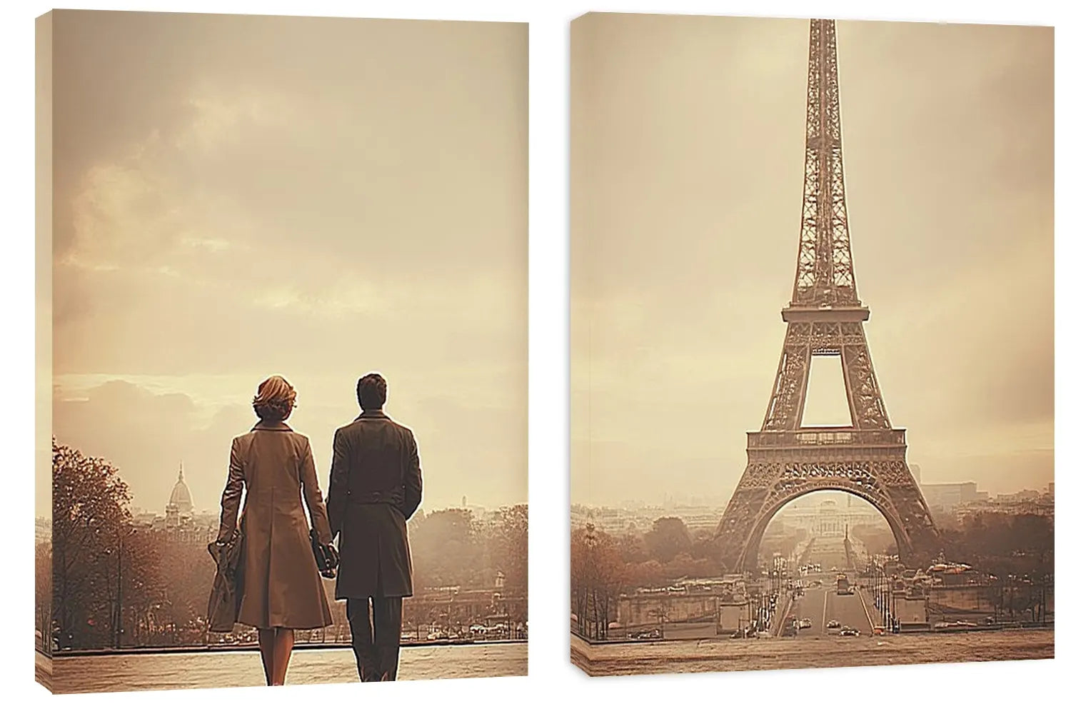 Vintage Paris diptych canvas art with Eiffel Tower and romantic couple for elegant living room decor.