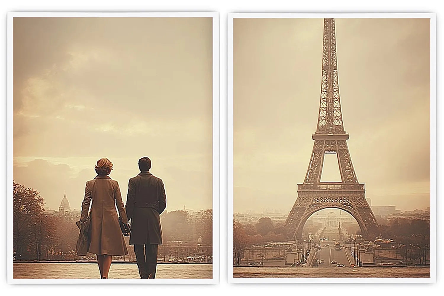 Vintage Paris diptych canvas art with Eiffel Tower and romantic couple for elegant living room decor.
