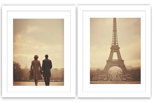 Vintage Paris diptych canvas art with Eiffel Tower and romantic couple for elegant living room decor.