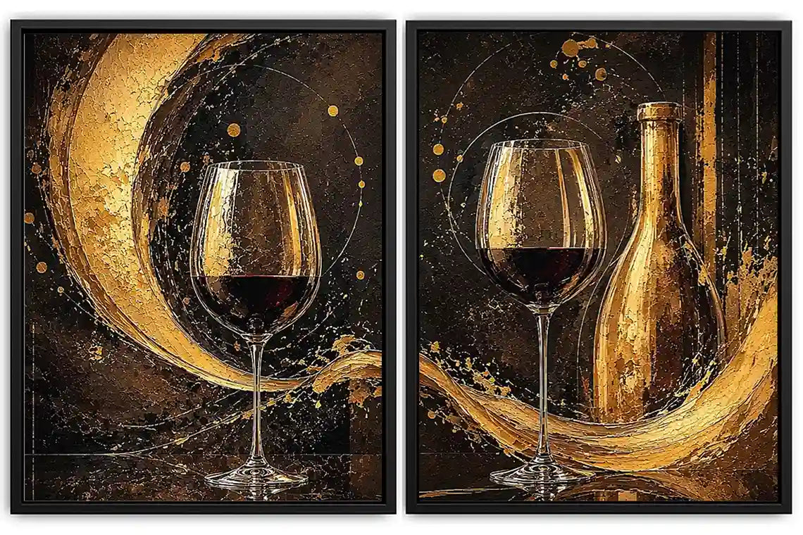 Black and gold wine glass canvas art with bottle for luxury dining room and home bar decor.