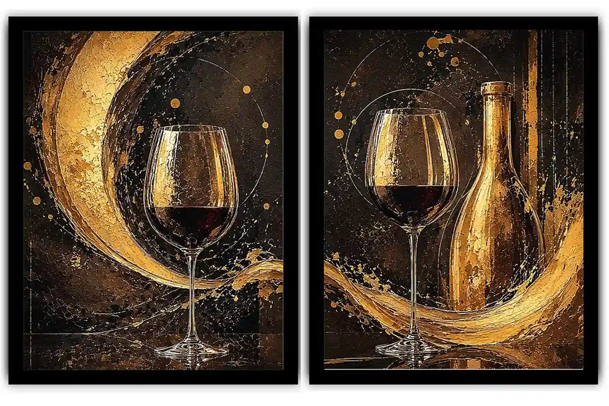 Black and gold wine glass canvas art with bottle for luxury dining room and home bar decor.
