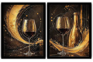 Black and gold wine glass canvas art with bottle for luxury dining room and home bar decor.