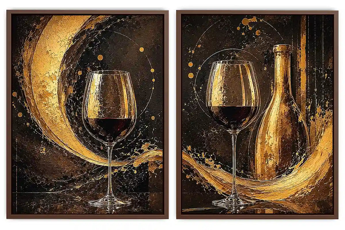 Black and gold wine glass canvas art with bottle for luxury dining room and home bar decor.