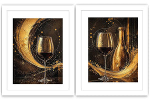 Black and gold wine glass canvas art with bottle for luxury dining room and home bar decor.