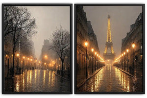 Moody Paris diptych canvas art with Eiffel Tower rain reflections and glowing street lights.