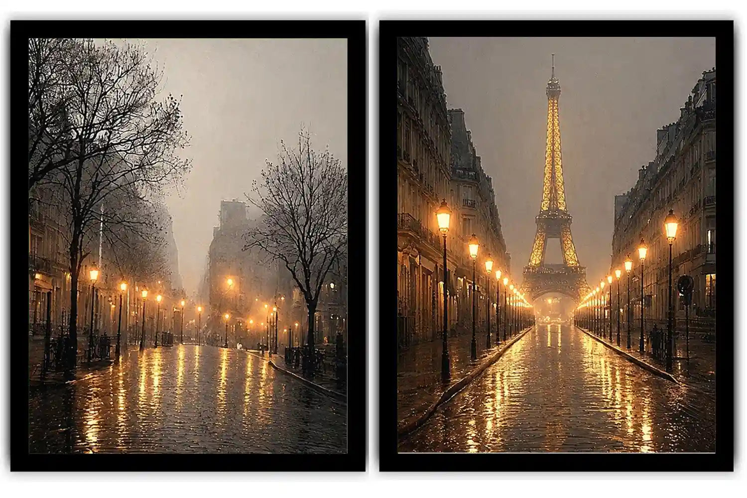 Moody Paris diptych canvas art with Eiffel Tower rain reflections and glowing street lights.