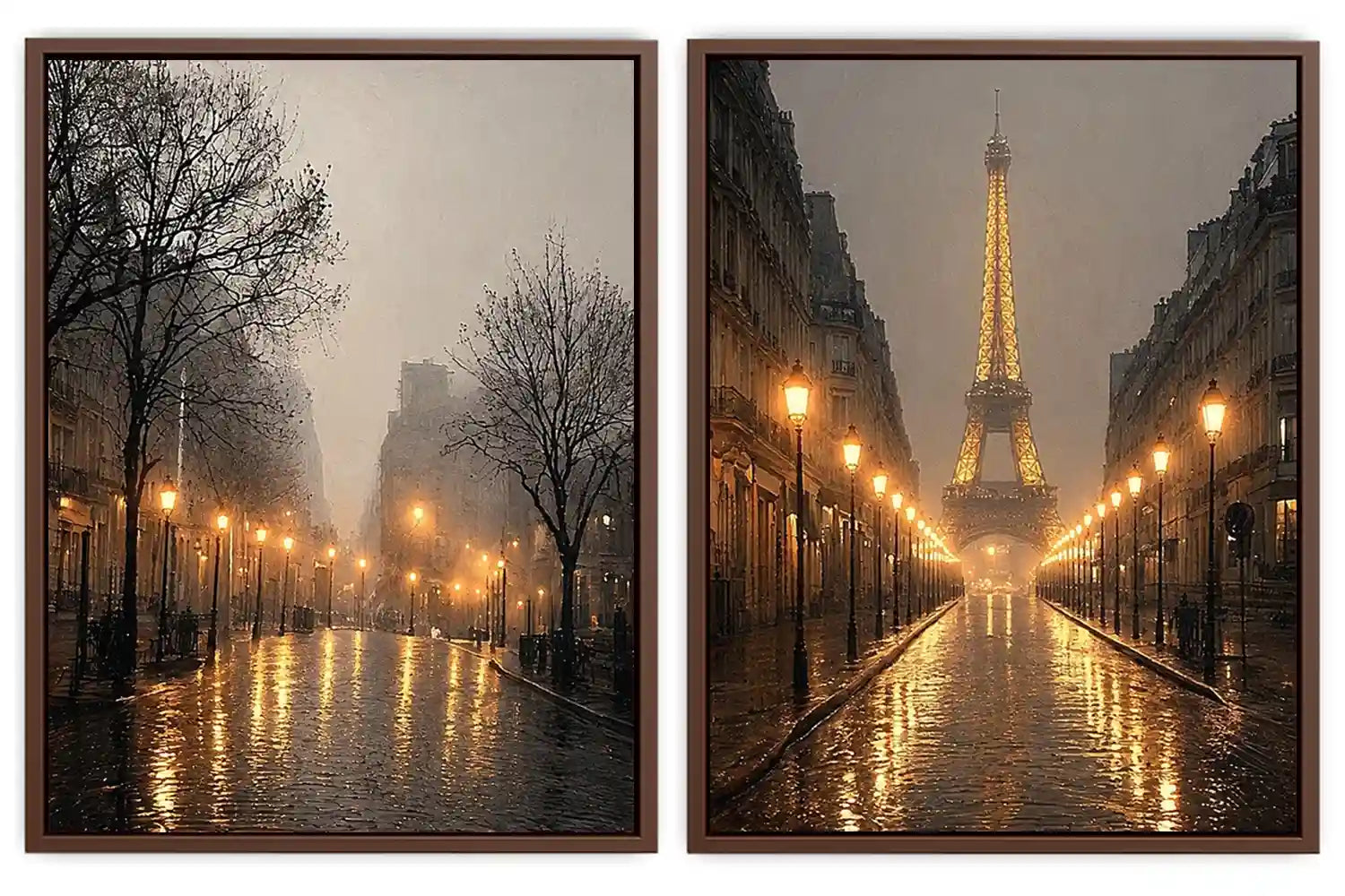 Moody Paris diptych canvas art with Eiffel Tower rain reflections and glowing street lights.