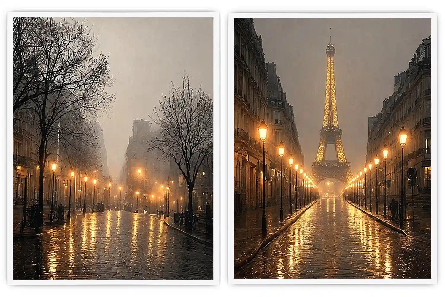 Moody Paris diptych canvas art with Eiffel Tower rain reflections and glowing street lights.