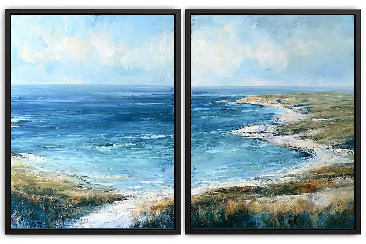 Blue coastal landscape canvas print for modern living room decor.