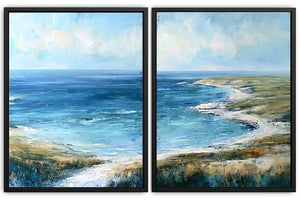 Blue coastal landscape canvas print for modern living room decor.
