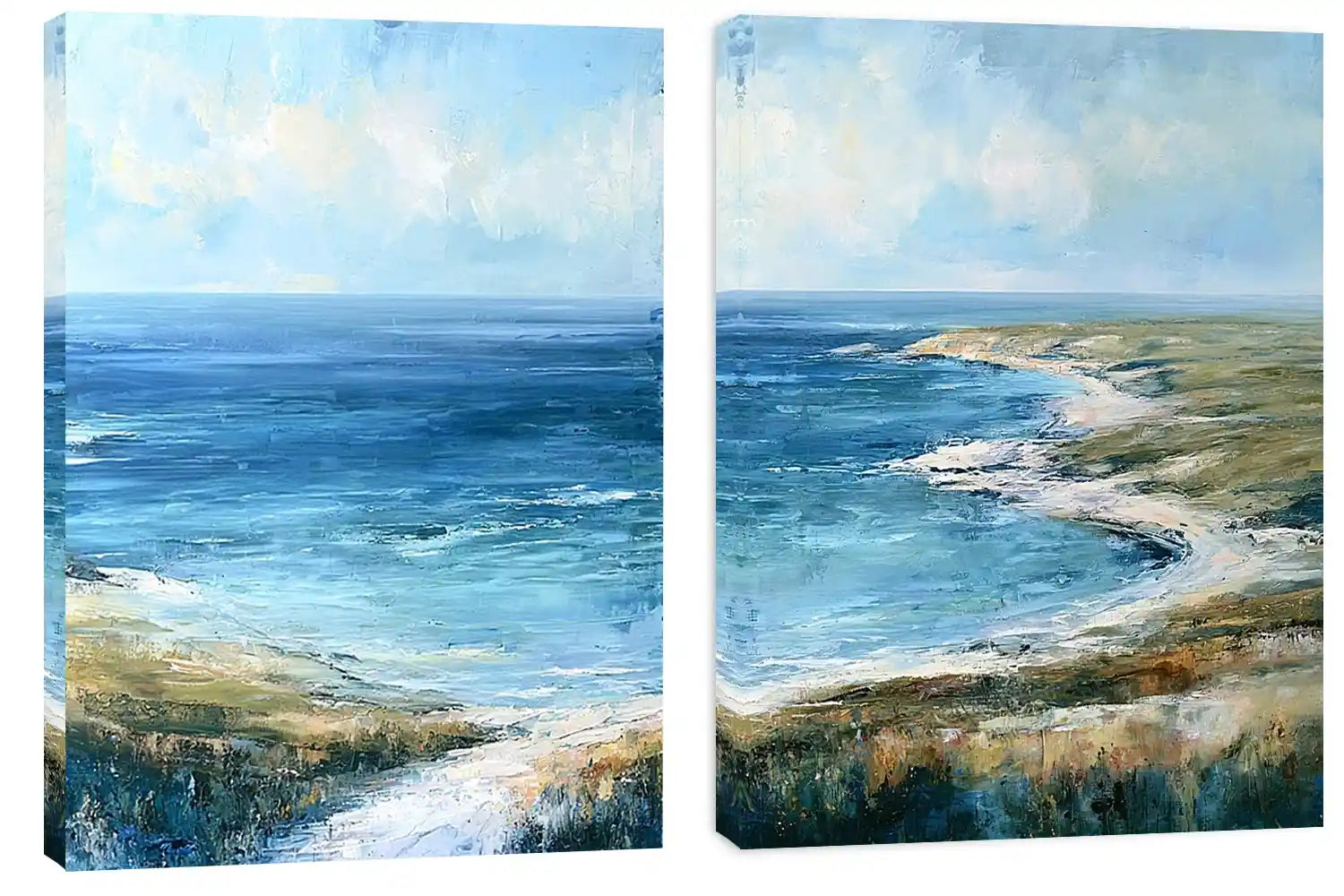 Blue coastal landscape canvas print for modern living room decor.
