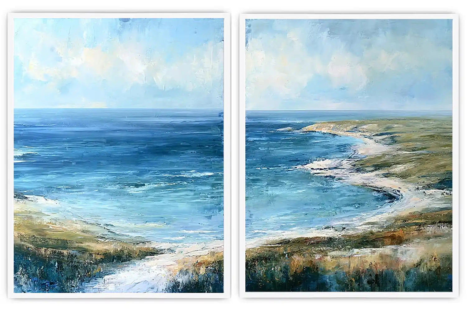 Blue coastal landscape canvas print for modern living room decor.