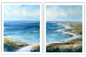 Blue coastal landscape canvas print for modern living room decor.