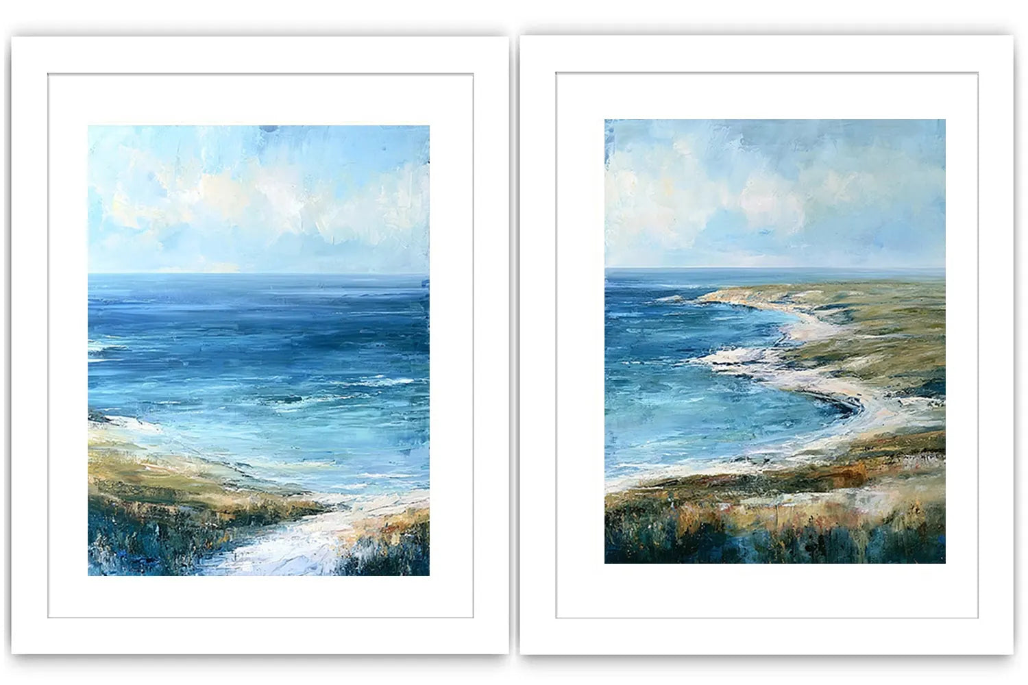 Blue coastal landscape canvas print for modern living room decor.