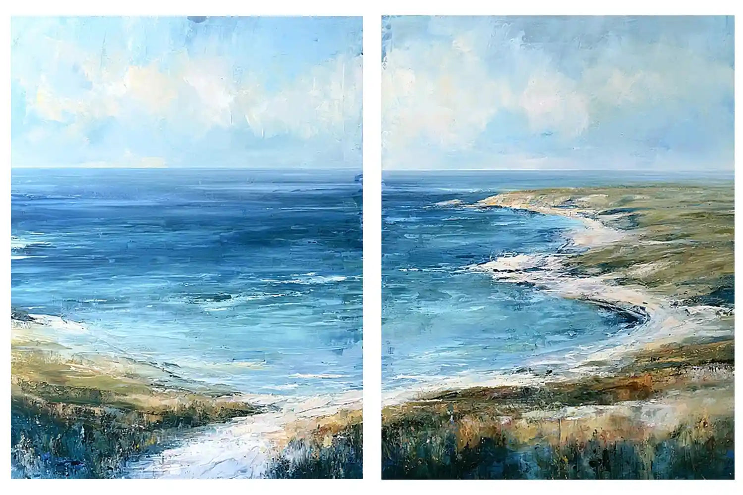 Blue coastal landscape canvas print for modern living room decor.