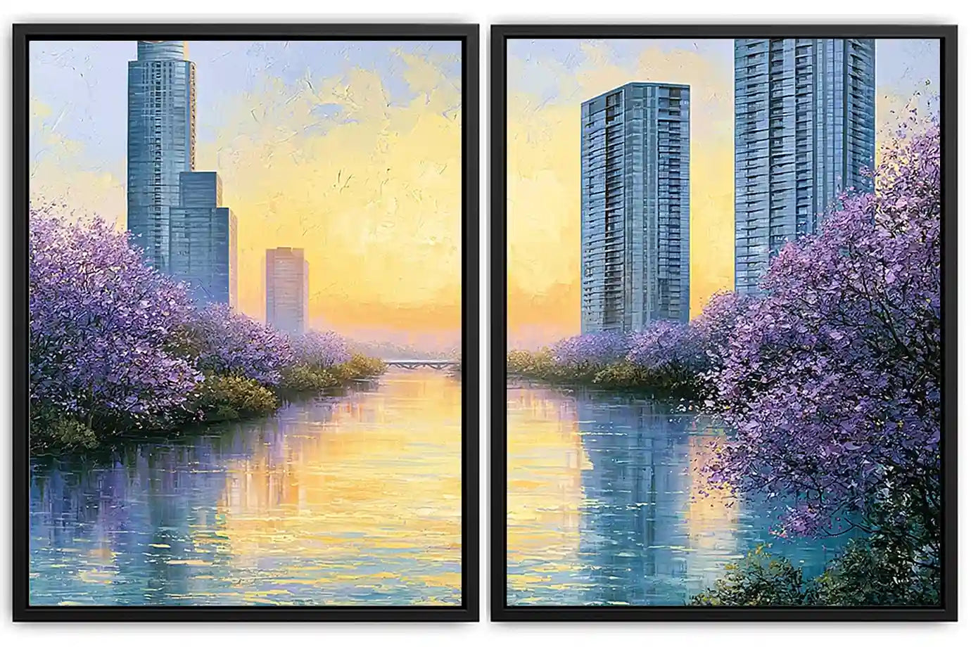 Lavender cityscape canvas art for modern apartment living room decor.