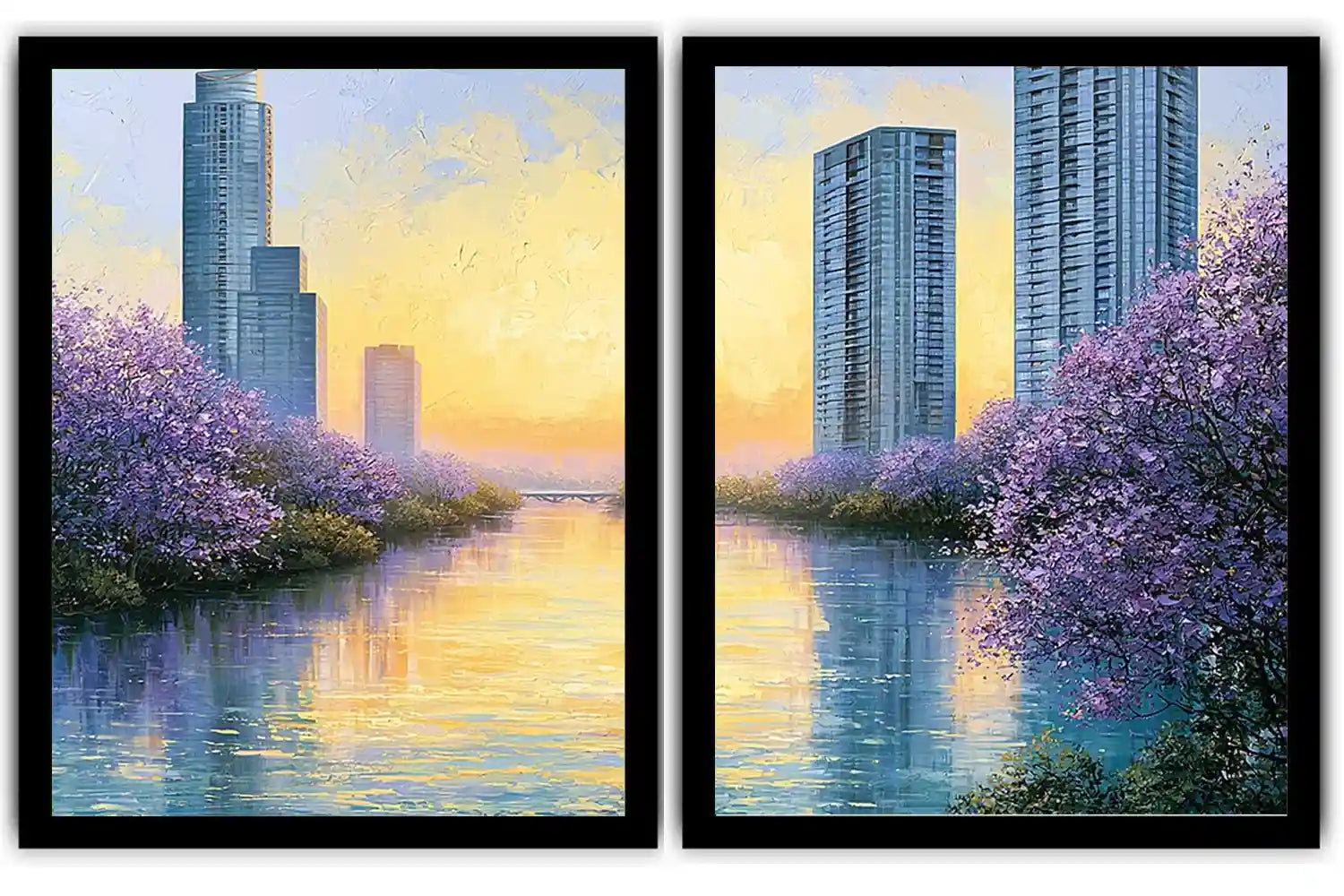 Lavender cityscape canvas art for modern apartment living room decor.