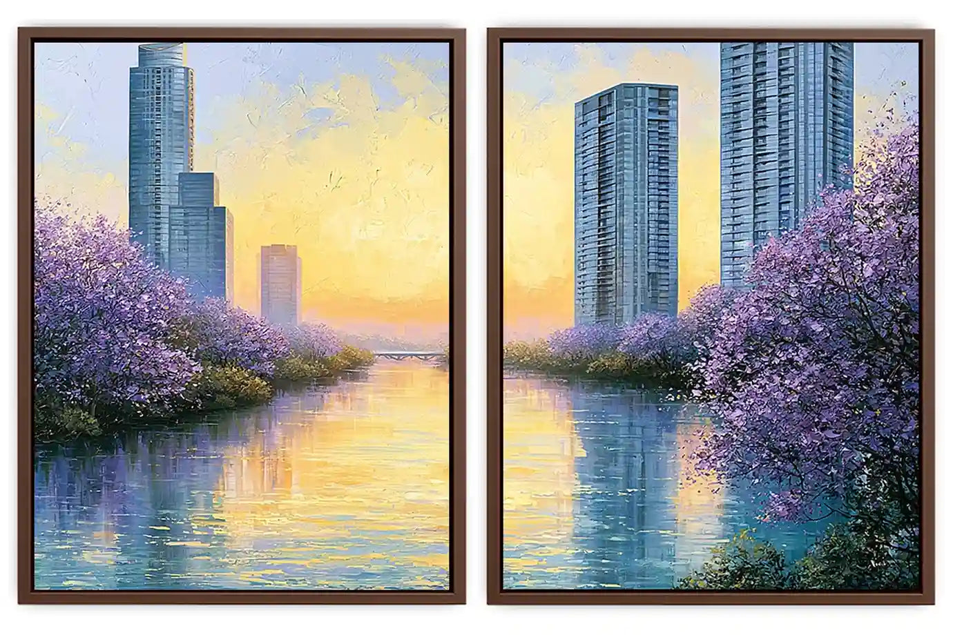 Lavender cityscape canvas art for modern apartment living room decor.