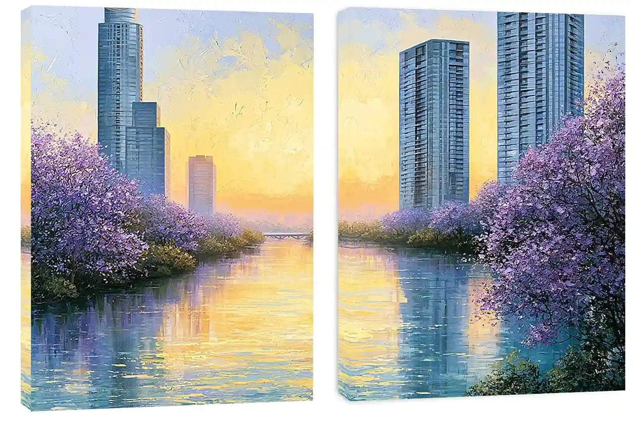 Lavender cityscape canvas art for modern apartment living room decor.