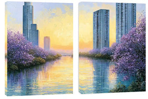 Lavender cityscape canvas art for modern apartment living room decor.