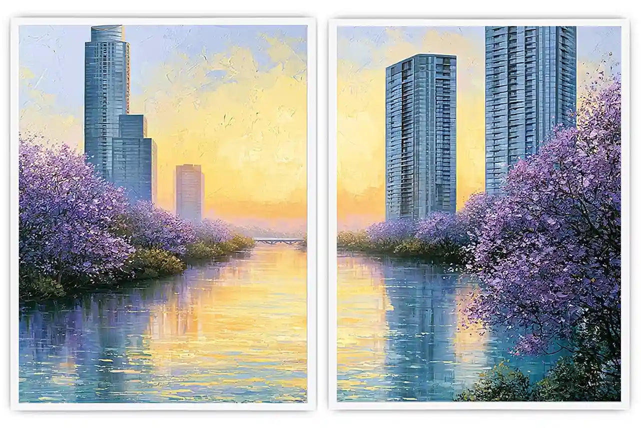 Lavender cityscape canvas art for modern apartment living room decor.