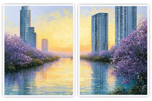 Lavender cityscape canvas art for modern apartment living room decor.