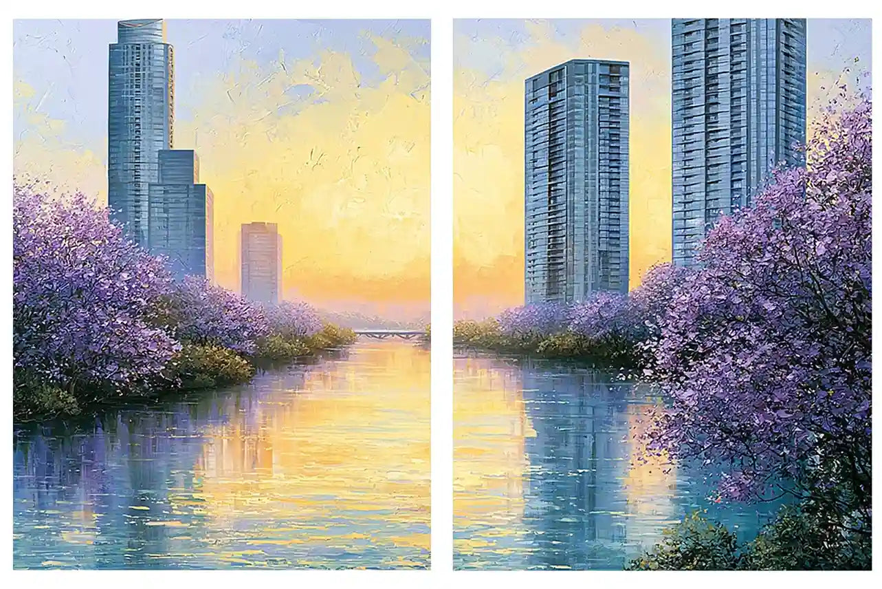 Lavender cityscape canvas art for modern apartment living room decor.