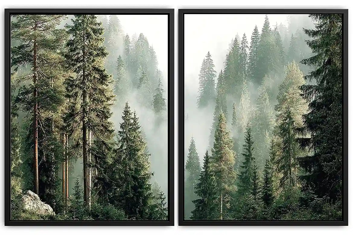 Misty evergreen forest canvas art for calm modern living room decor.