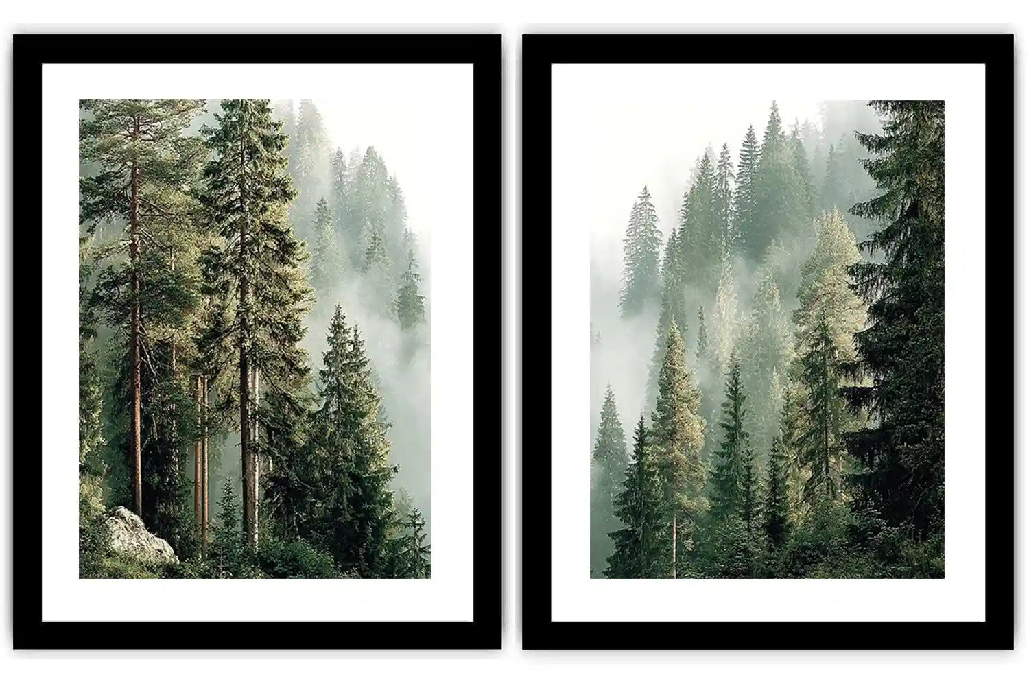 Misty evergreen forest canvas art for calm modern living room decor.