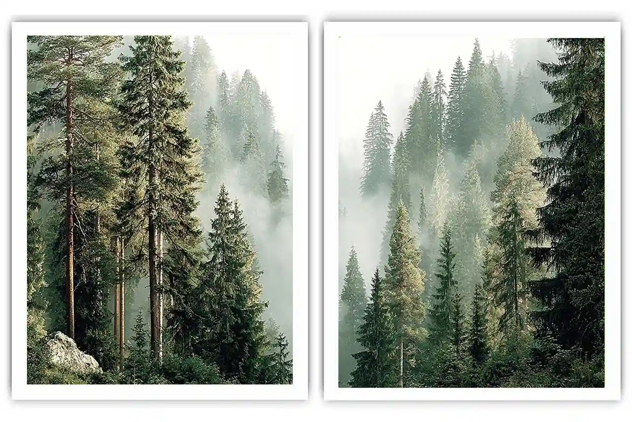 Misty evergreen forest canvas art for calm modern living room decor.
