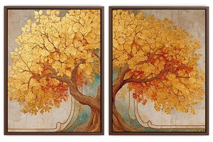 Golden tree canvas wall art for elegant luxury living room decor.