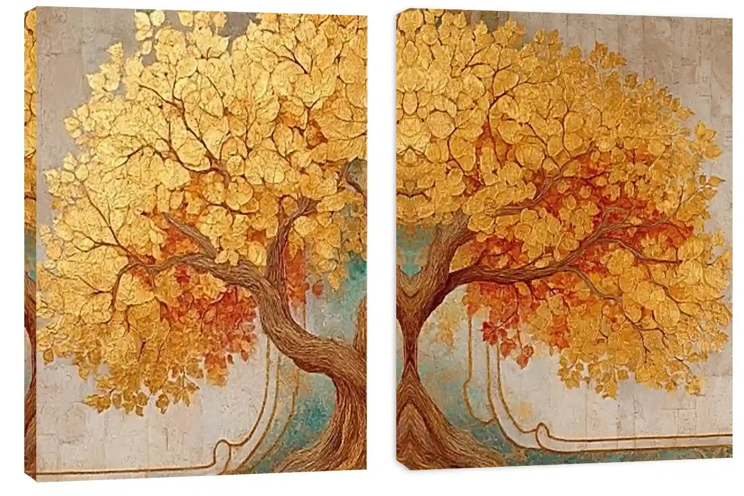 Golden tree canvas wall art for elegant luxury living room decor.