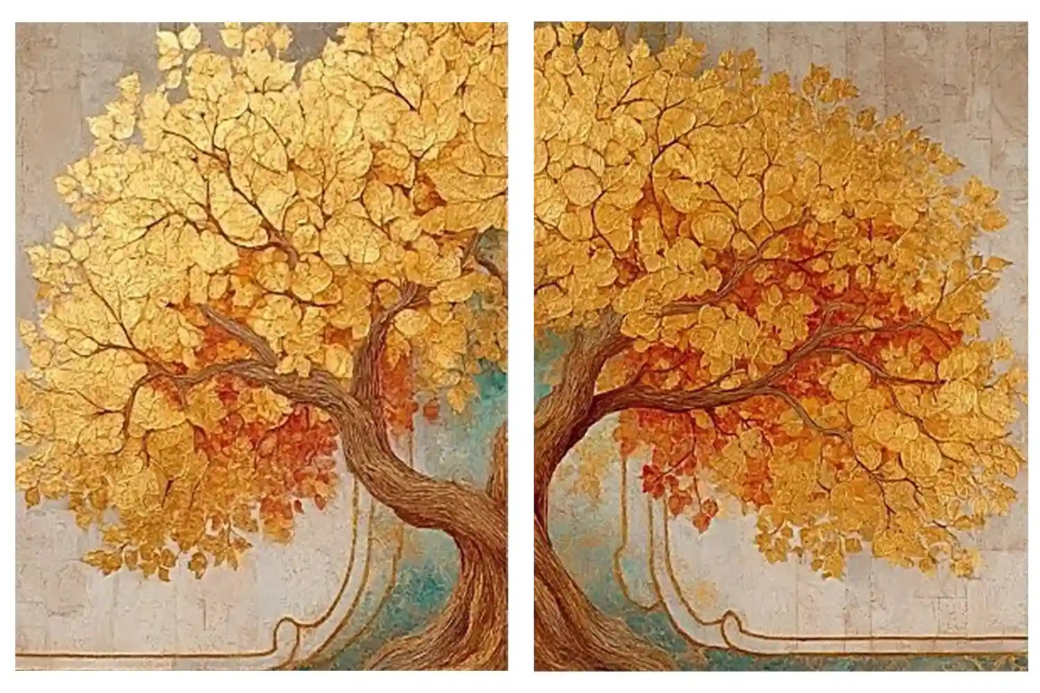 Golden tree canvas wall art for elegant luxury living room decor.