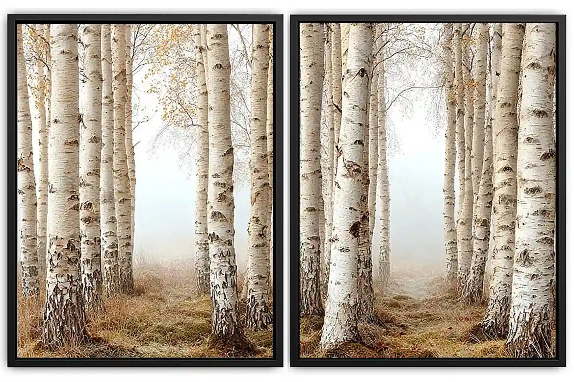 Neutral birch forest canvas art for calm bedroom wall decor.