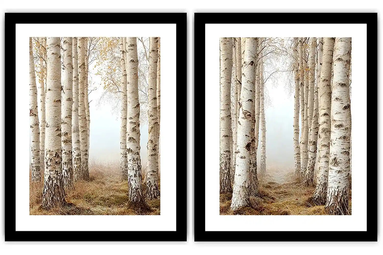 Neutral birch forest canvas art for calm bedroom wall decor.