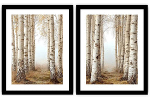 Neutral birch forest canvas art for calm bedroom wall decor.
