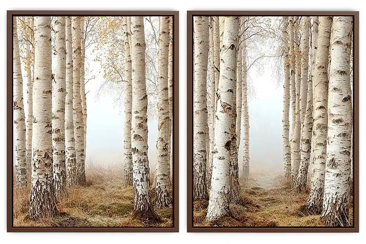 Neutral birch forest canvas art for calm bedroom wall decor.