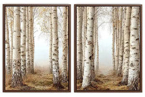 Neutral birch forest canvas art for calm bedroom wall decor.