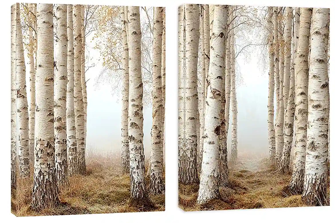 Neutral birch forest canvas art for calm bedroom wall decor.