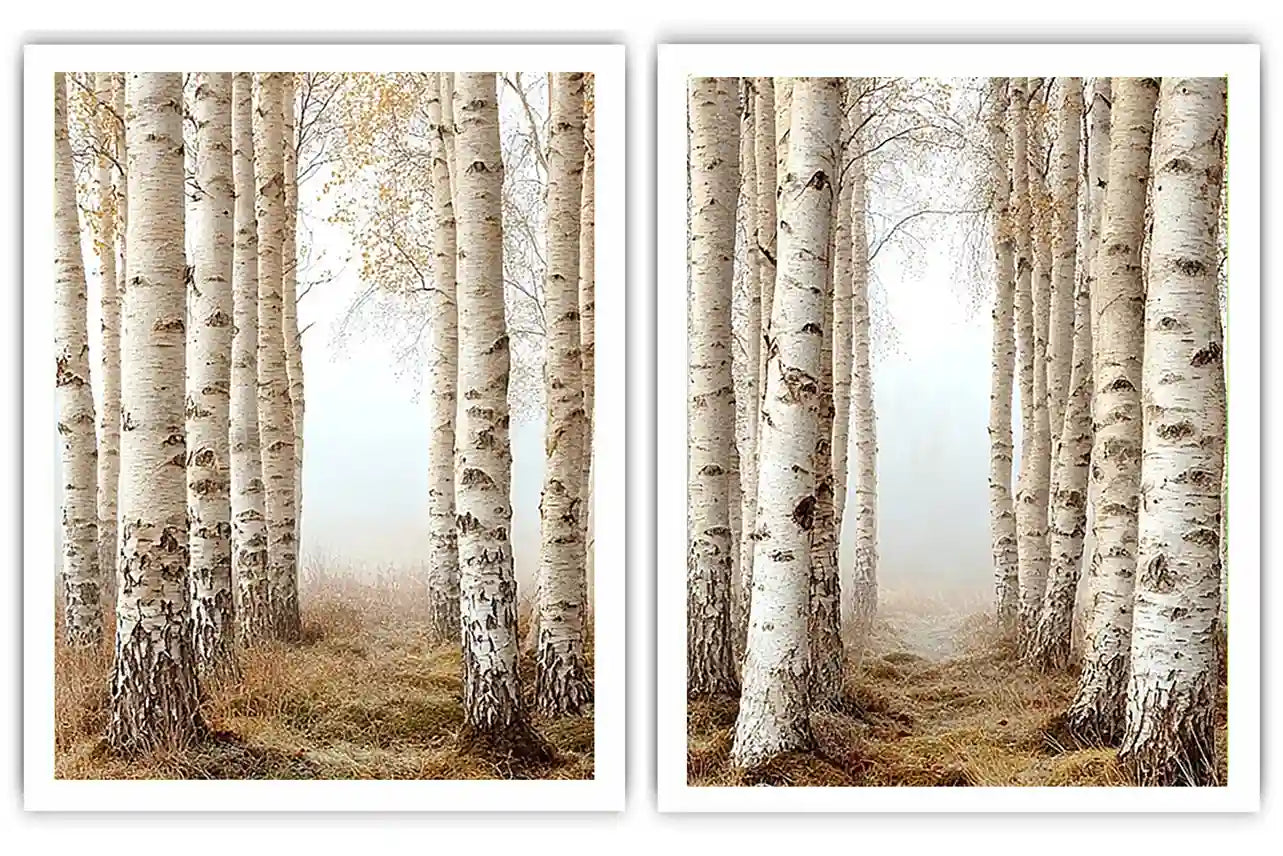 Neutral birch forest canvas art for calm bedroom wall decor.
