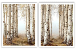 Neutral birch forest canvas art for calm bedroom wall decor.