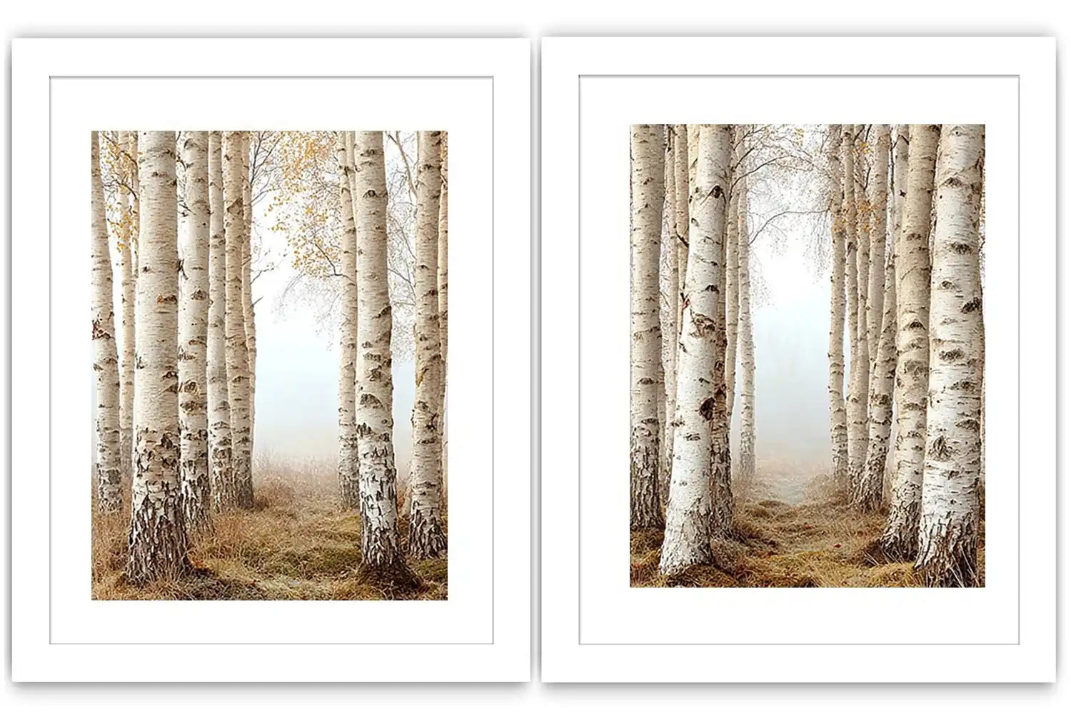 Neutral birch forest canvas art for calm bedroom wall decor.