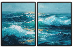 Blue ocean wave canvas art for dramatic modern living room decor.