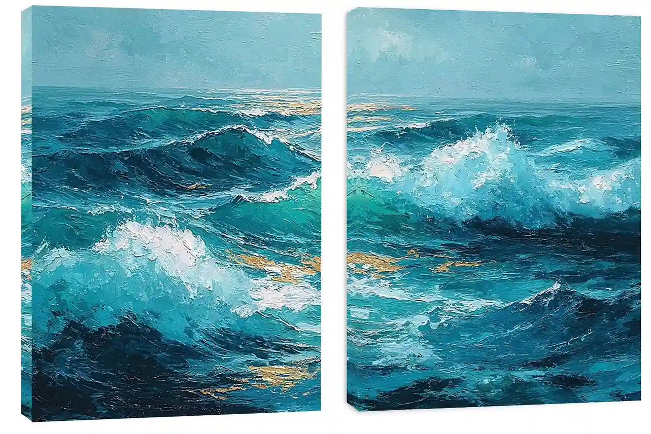 Blue ocean wave canvas art for dramatic modern living room decor.