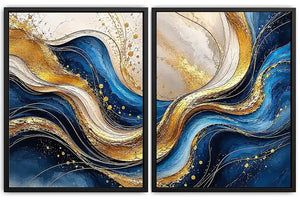 Blue and gold abstract wave canvas art for luxury modern living room decor.