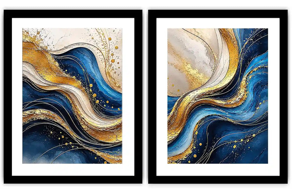 Blue and gold abstract wave canvas art for luxury modern living room decor.