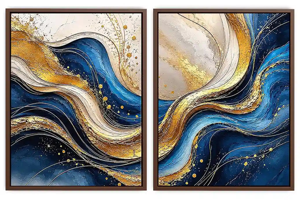 Blue and gold abstract wave canvas art for luxury modern living room decor.