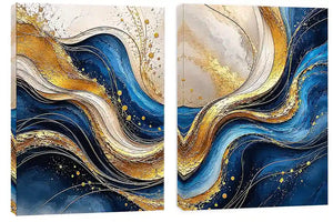 Blue and gold abstract wave canvas art for luxury modern living room decor.