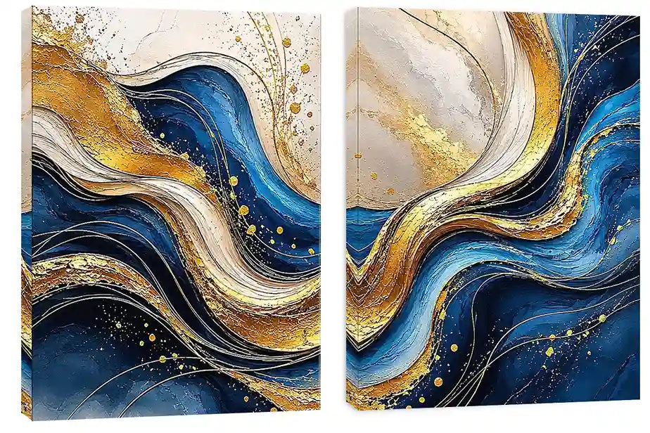 Blue and gold abstract wave canvas art for luxury modern living room decor.