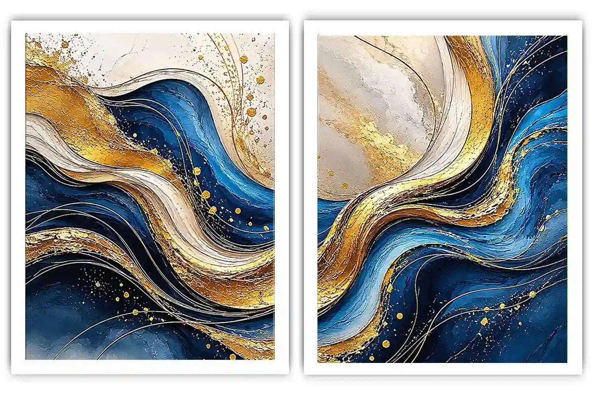 Blue and gold abstract wave canvas art for luxury modern living room decor.